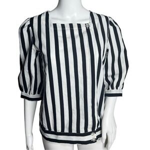Lady Manhattan Shirt Womens 10 Black White Stripe Blouse Neutral Casual‎ Vintage